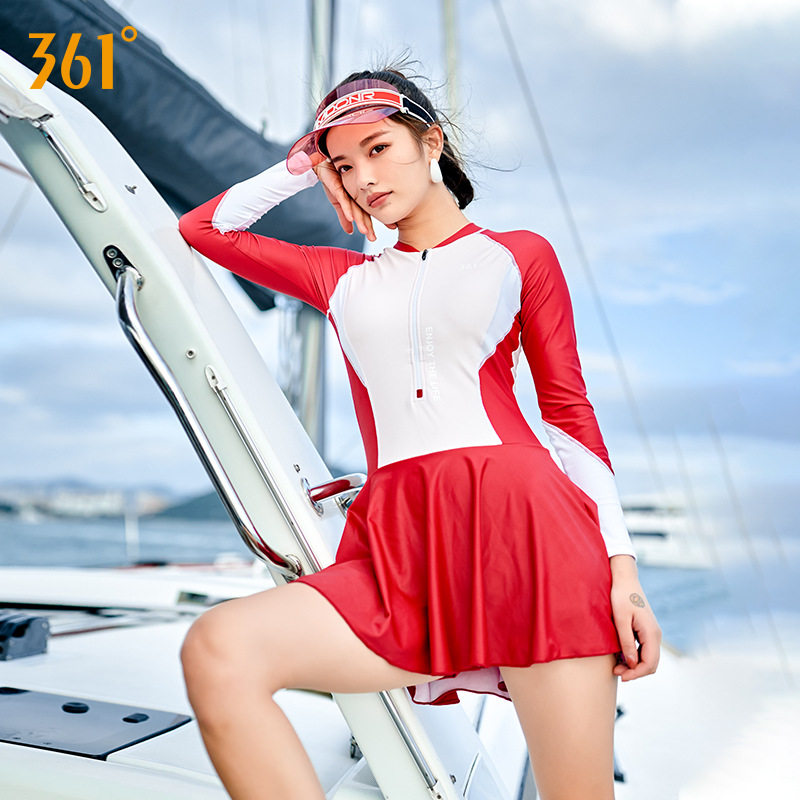 361连体泳衣女遮肚显瘦长袖半拉链红色裙式泡温泉沙滩冲浪游泳衣