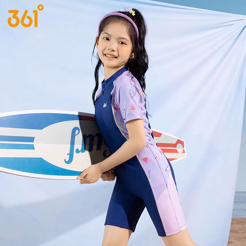 361儿童连体泳衣装拼色平角短袖裙式中大童专业训练女童竞速泳衣