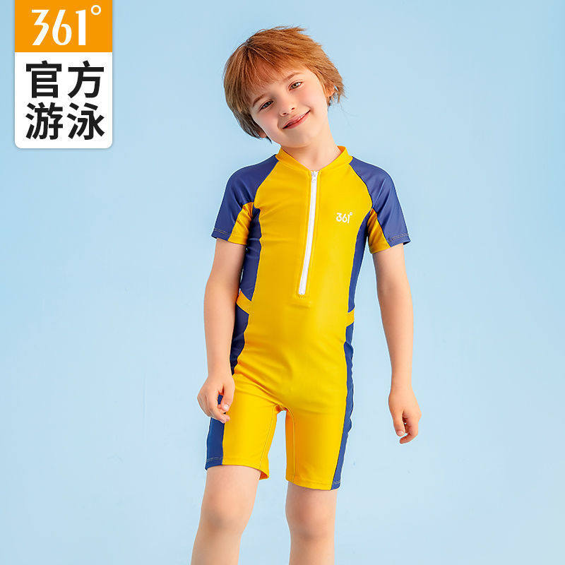 361儿童平角连体泳衣男童小中大童泡温泉拉链速干短袖拼色游泳装