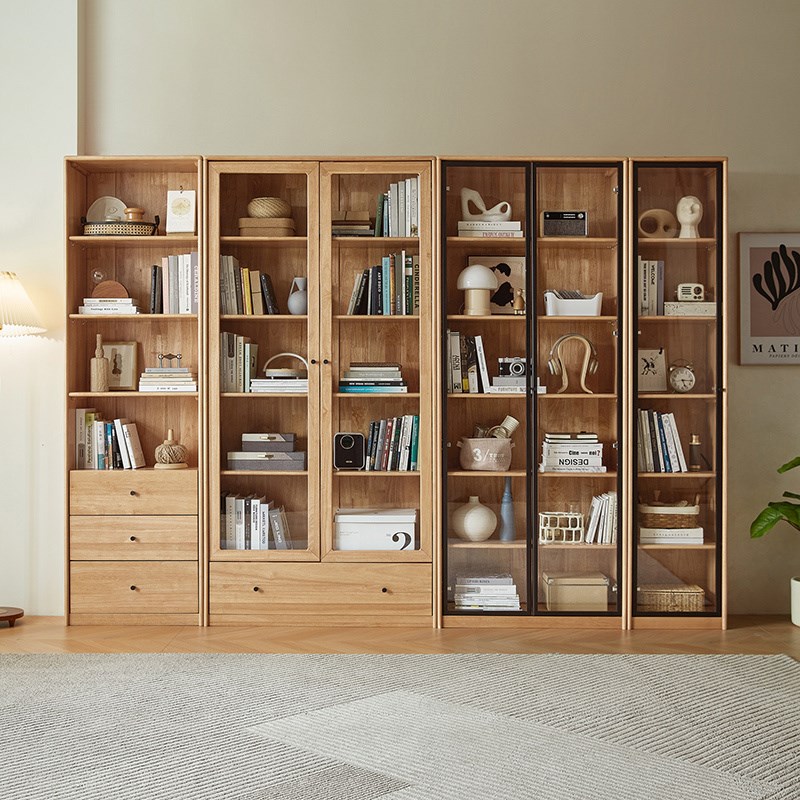 全实木客厅书柜一体整墙玻璃门文B件储物柜书房靠墙书架落地置物