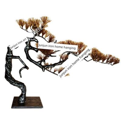 新中式迎客松铁艺玄关样板间落地金属底座摆件树雕塑艺术工艺装饰