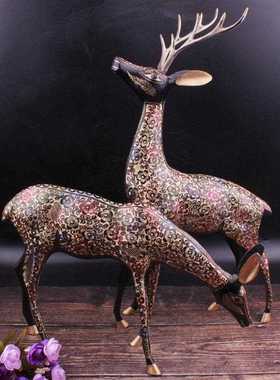 巴基斯坦铜器手工雕刻铜梅花鹿仿古铜制客厅玄关艺术摆设情侣对鹿