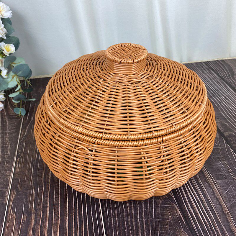 W208南瓜煲仿藤手工圆形田园客厅家用酒店干果零食收纳篮筐24*14