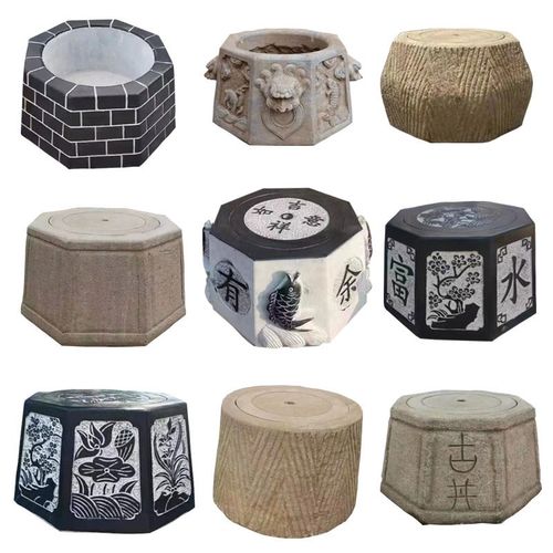 石雕井口青石仿古井圈井盖家用井台围栏装饰庭院八角老式水井户外