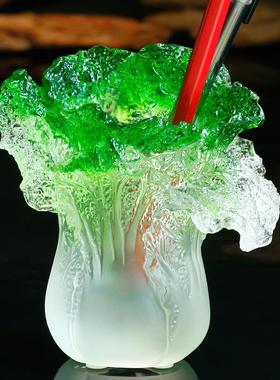 办公桌上放的装饰琉璃白菜摆件笔筒招财艺术男士高档水晶玻璃百财