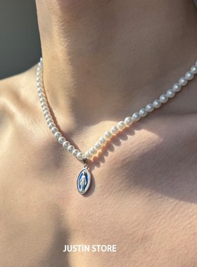 珍珠项链男高级感轻奢小众锁骨链复古风做旧蓝釉宫廷情侣款配饰