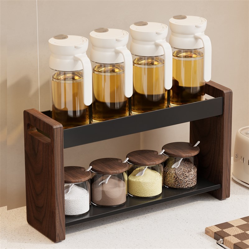 胡桃木厨房调料置物架中古风台面家用实木调味品盐罐油壶收纳架子