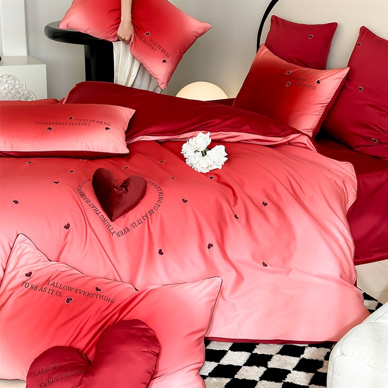 浪漫婚礼渐变色婚庆四件套全棉100S爱心刺绣红色结婚被套床单床笠