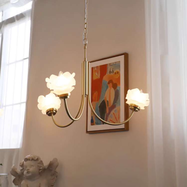 小美式简约吊灯全铜复古花朵玻璃罩清新田园儿童房灯具3头