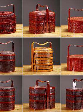 月饼礼品篮结婚食盒篮复古特色竹编手提篮红色竹制收纳篮