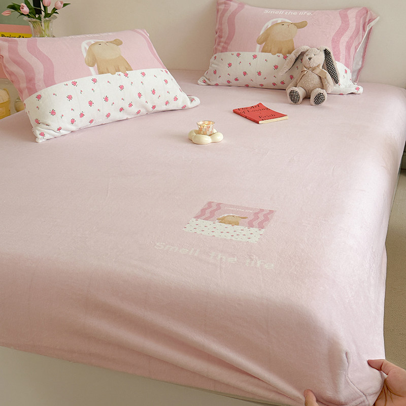 可爱少女心牛奶珊瑚绒大版床罩床笠单件2024新款加绒保暖冬季床单