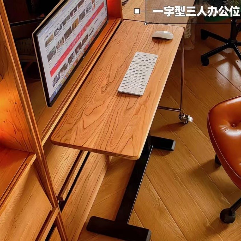 豪玲实木书桌简约气动升降学习桌樱桃木移动床边桌客厅小桌子定制