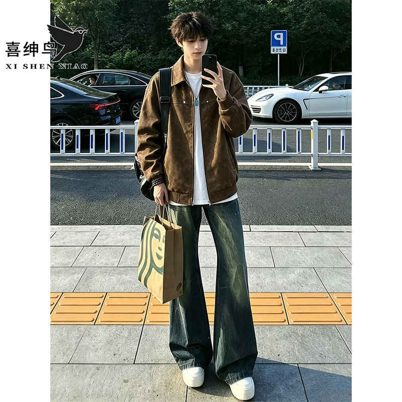 喜绅鸟复古咖色做旧皮衣夹克男秋美式廓形宽松情侣机车风翻领外套