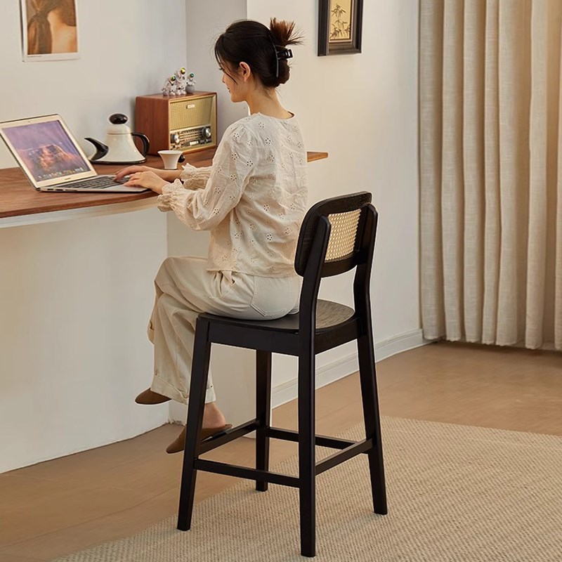 实木高脚岛d台藤编靠背凳家用咖啡厅酒吧休闲 稳定性高舒适简