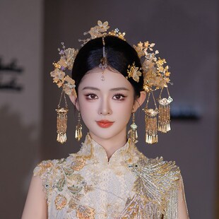 秀禾服新娘头饰甜美香槟色精致手工减龄眉心坠浅色中式龙凤褂发饰