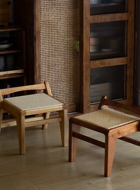 寅榫藤编实木榫卯小凳子玄关换鞋凳沙发凳茶几边凳矮凳透气侘寂夏