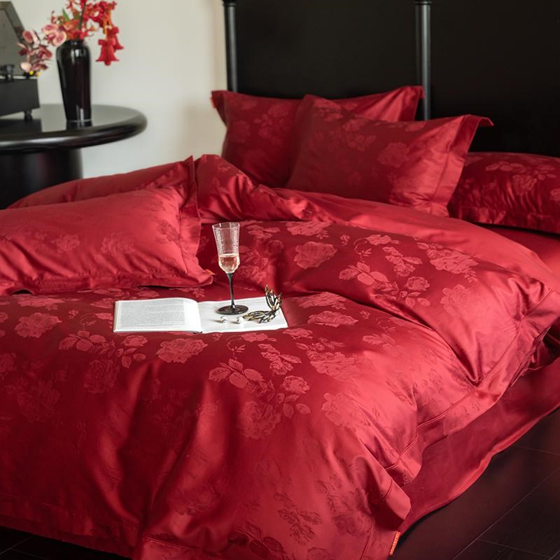 高级感A类100S全棉长绒棉提花四件套大红色床单纯棉结婚被套床品