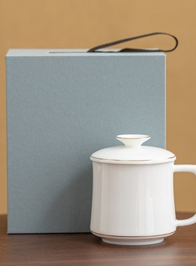 天雨粟 羊脂玉瓷陶瓷马克杯办公杯水杯茶杯德化白瓷个人专用带盖