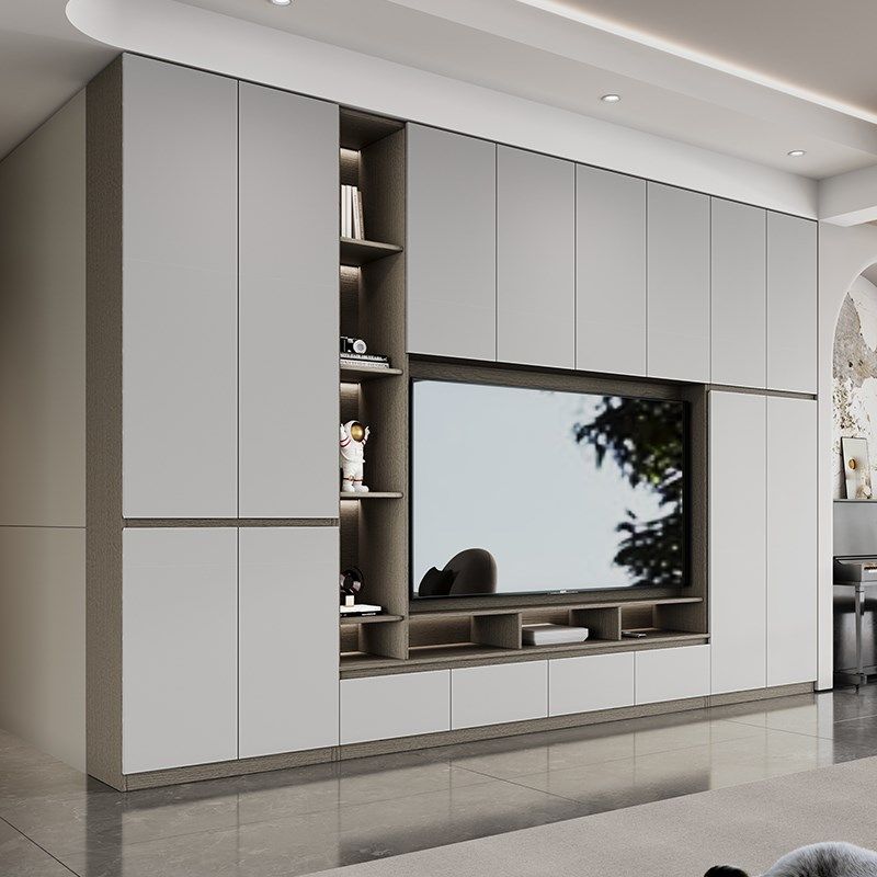 满墙电视柜收纳储物柜一体客厅家用轻奢高级感背景定制靠墙落地柜