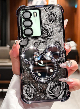 REALMEC75米奇旋转支架手机壳realmec75玫瑰印花自带补妆镜全包防摔软边框防摔气囊镜头设计电镀边框不撞款