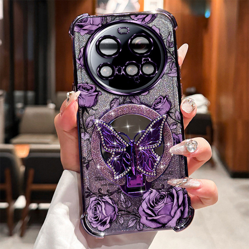 小米 15Ultra 手机壳Xiaomi15ultra高级感磁吸支架玫瑰印花带手链高透透明不发黄明星同款闪粉磁吸全包镜头壳