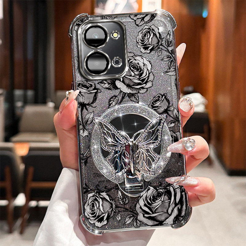 荣耀magic6lite手机壳 honormagic6lite高级感磁吸支架玫瑰印花带手链适用无线充电轻奢小众商务高透高级感壳