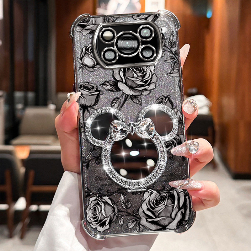 XIAOMIPOCOX3NFC米奇旋转支架手机壳xiaomipocox3nfc玫瑰印花自带补妆镜全包防摔软边框防摔气囊镜头闪粉渐变