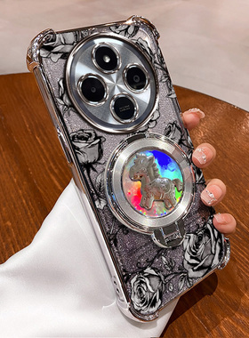 POCOC75旋转陀螺支架手机壳pococ75玫瑰印花新年款国风国潮防摔气囊镜头全包按键精准电镀边框ins风网红爆款