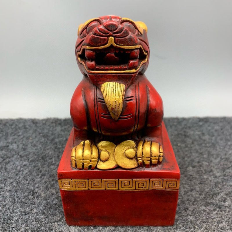 古玩仿古寿山石雕朱砂描金印章56坐兽成化玉玺摆件带字客厅装饰