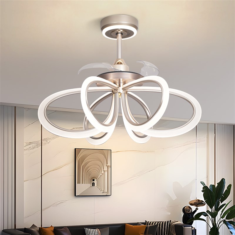 新款简约风扇三色变光全铜隐形风扇电机L智能语音餐厅一体吊扇灯