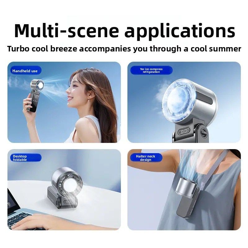2025半d导体制冷手持风扇涡轮高速暴力风扇折叠挂颈冰可充电小风