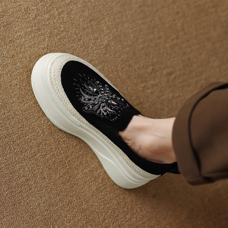 2023春新款磨砂真皮厚底水钻乐福鞋女H休闲坡跟松糕底灰色懒人单