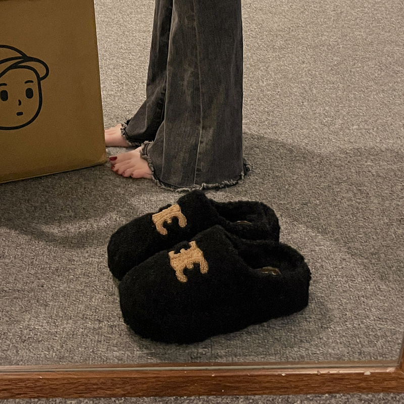 松糕厚底毛毛棉拖鞋女2023新款复古羊羔毛绒包头半W拖鞋高级感棉