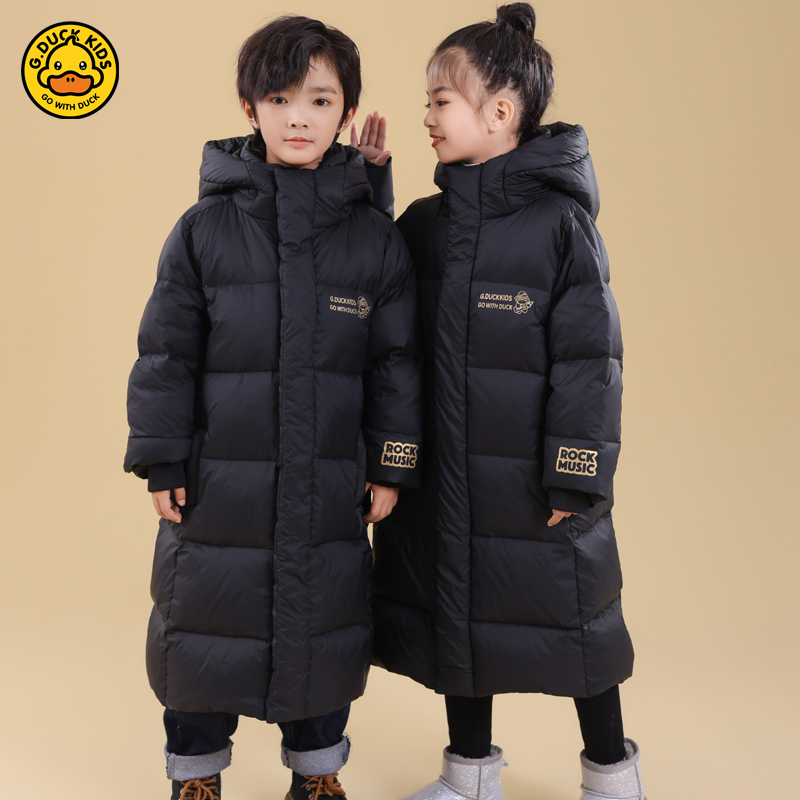 哈罗小黄鸭儿童长款羽绒服2023冬季新款男女童过膝加绒加厚外套