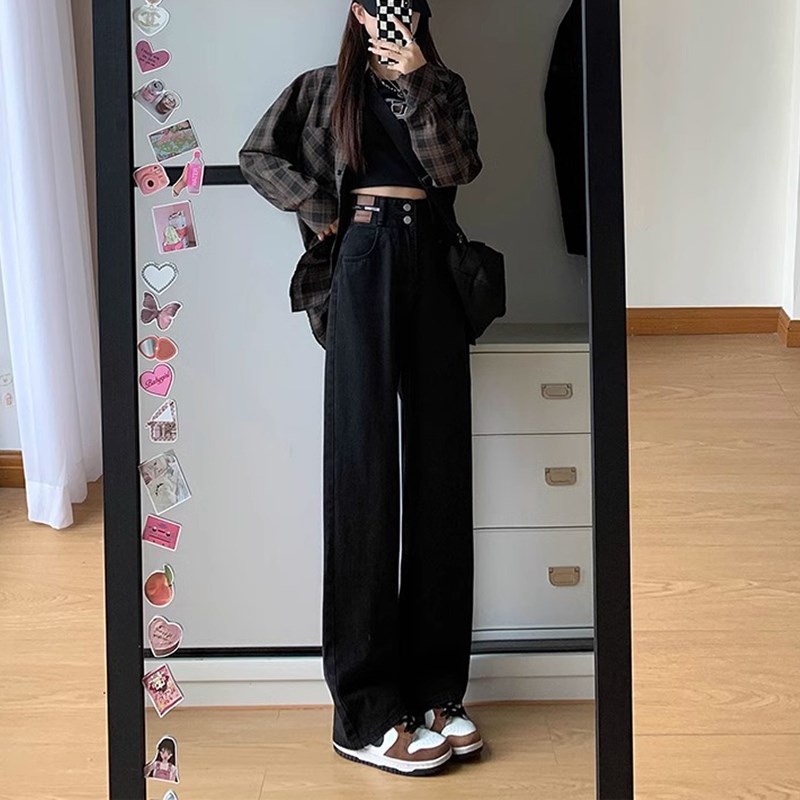 黑色垂感加绒牛仔裤女高腰宽松显瘦直筒百搭大码秋冬新款阔腿裤子