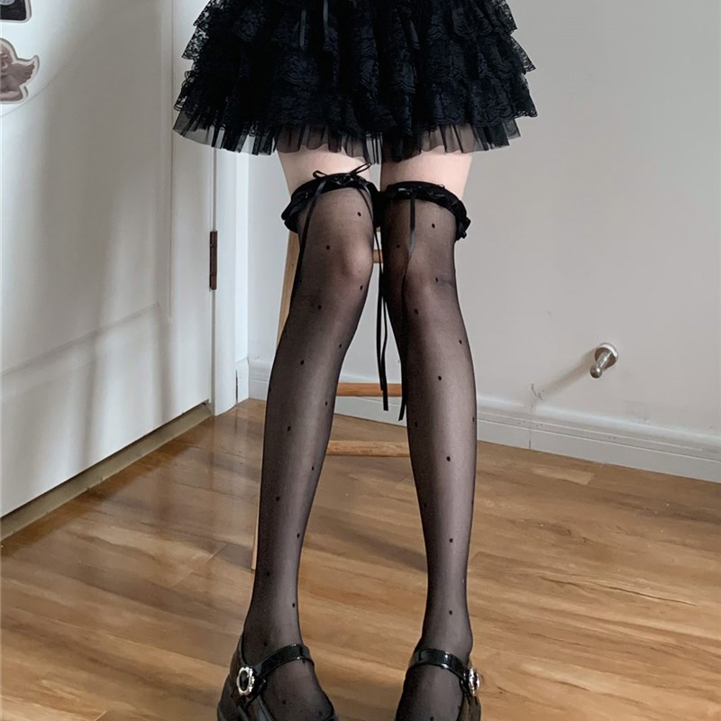AY To films 夏日超薄任意剪高筒袜黑色波点飘带蝴蝶结花边过膝袜