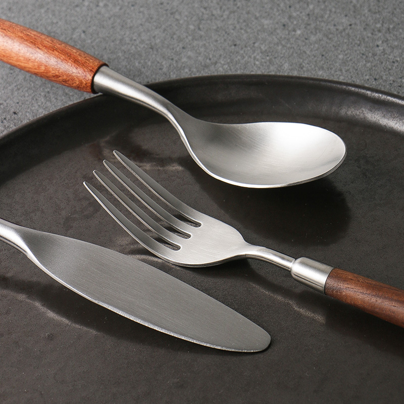 日式胡桃木304不锈钢刀叉勺x花梨木柄三件套西餐具实木牛排刀叉勺