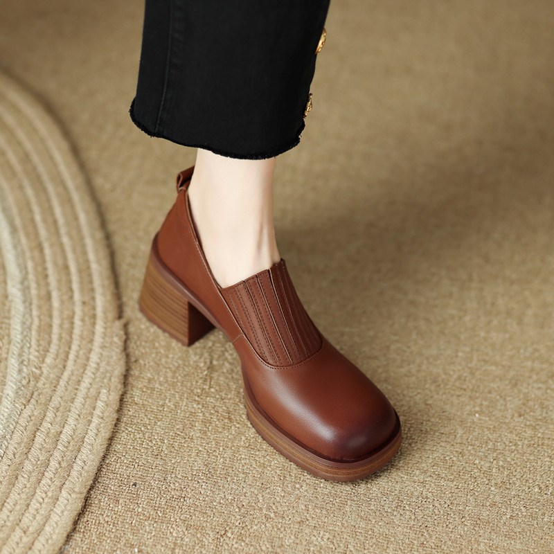 2025春季新i款真皮厚底擦色英伦风小皮鞋女粗跟松糕底圆头懒人单