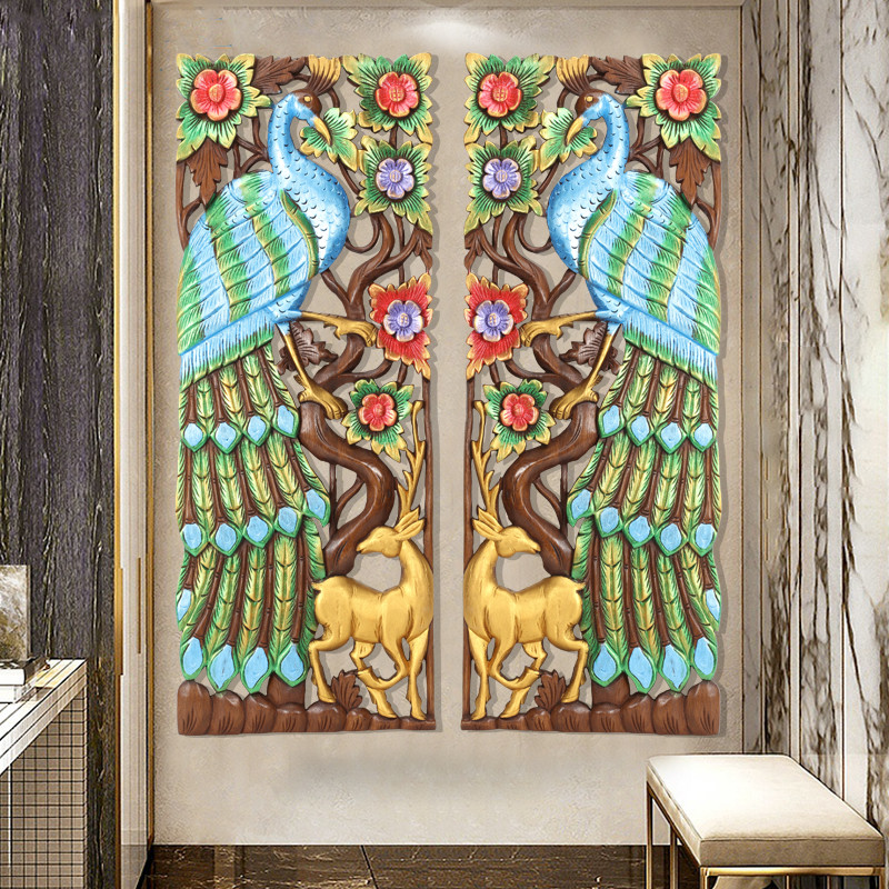 东南亚实木孔雀雕花板p复古客厅装饰壁挂泰式玄关背景墙饰隔断壁