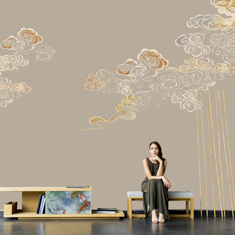 新中式祥云背景墙布禅意客厅沙发墙纸酒店会所轻奢壁X布素食馆壁