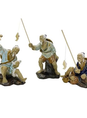 姜太公钓鱼陶瓷摆件假山盆景园林茶盘 怀旧 复古代人物装饰品中式
