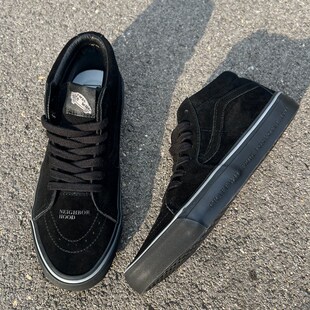 复古百搭休闲鞋 全黑色武士翻毛皮中高帮板鞋 街拍潮鞋 钢印版