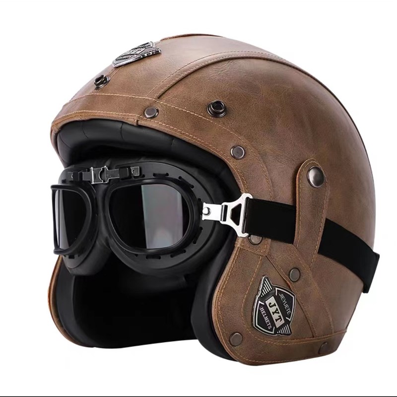复古电动a摩托车皮盔四季踏板巡航机车哈雷头盔男女电动车4/3半盔