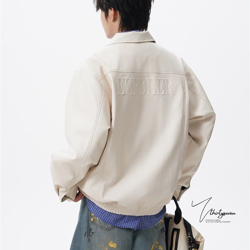 V37美式字母钢印皮衣外套男秋高街痞帅翻领皮夹克青少年运动上衣