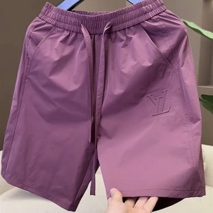 新款 休闲百搭简约钢印透气沙滩裤 短裤 印花速干五分裤 男士 2025夏季