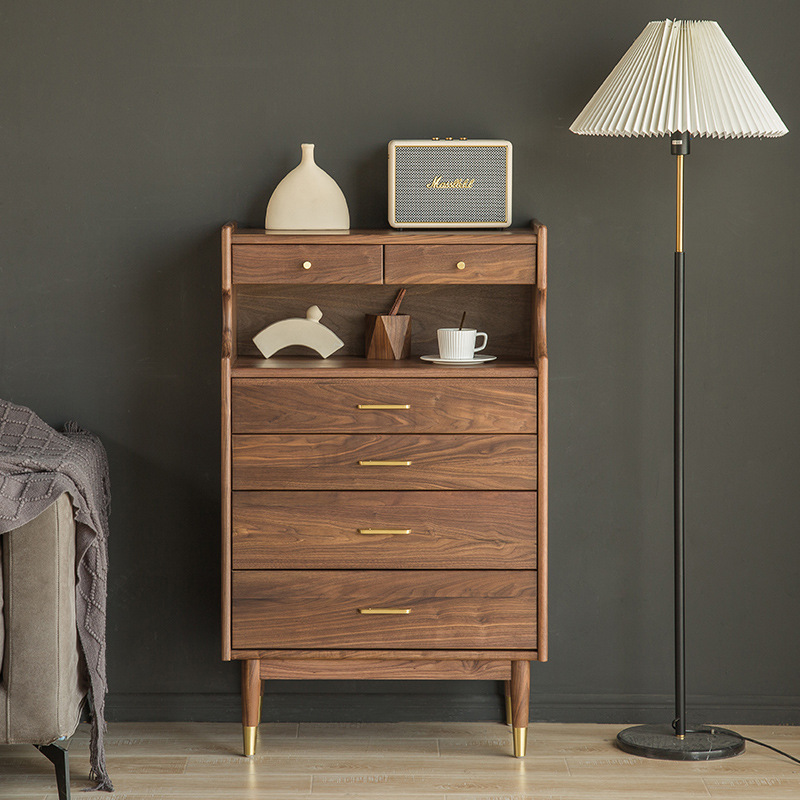 北欧黑胡桃木五斗柜实木现代简约卧室收纳客餐厅轻奢抽屉储物边柜