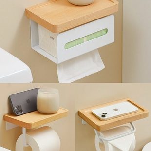 实木厕所卷纸置物架免打孔纸巾架卫生间壁挂式 抽纸盒洗手间原木风
