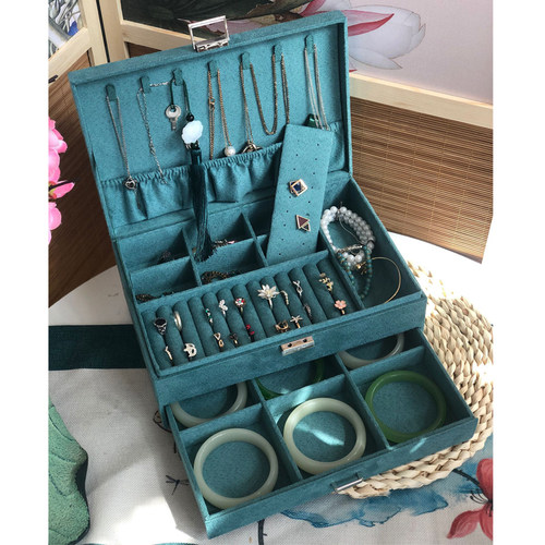 中式首饰盒大容量耳环盒子家用手镯手饰品带锁绒布收纳盒毕业礼品