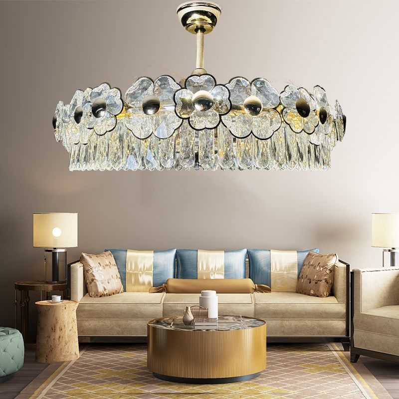 新款花朵造型水晶风扇灯客厅餐厅卧室全铜变频电机智能语音遥控器