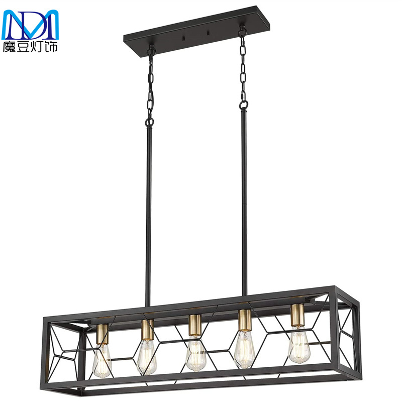 厨房岛5盏乡村风格线性农舍吊灯 工业金属矩形悬挂灯具餐厅泳池桌